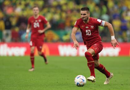 LUSAIL CITY, QATAR - NOVEMBER 24: Dusan Tadic of Serbia controls the ball during the FIFA World Cup Qatar 2022 Group G match between Brazil and Serbia at Lusail Stadium on November 24, 2022 in Lusail City, Qatar. (Photo by Francois Nel/Getty Images)
