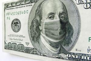Ben Franklin wearing a Coronavirus Healthcare Mask on One Hundred Dollar Bill.