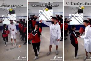 Chica celebra como si fuera una quinceañera en su salón de clases. 