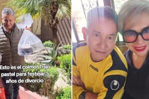 Mujer muestra a su exesposo llegando a su casa con un pastel para celebrar su aniversario de divorcio