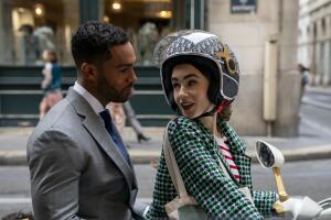 Lucien Laviscount as Alfie, Lily Collins as Emily in episode 206 of Emily in Paris. Cr. Stéphanie.jpg