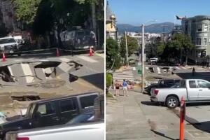 Una tubería de agua rota provoca un enorme sumidero en Pacific Heights, San Francisco. Equipos trabajan arduamente para reparar el daño y restaurar la normalidad.

