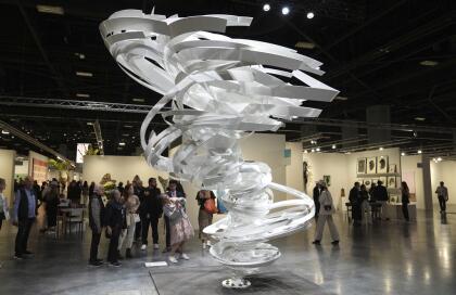 An aluminum sculpture titled Goya by artist Alice Aycock is displayed during Miami Basel Miami Beach Wednesday, Dec. 4, 2024, in Miami Beach, Fla. (AP Photo/Lynne Sladky)