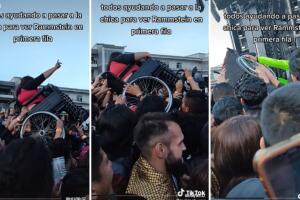 Asistentes de concierto cargan a joven en silla de ruedas para que llegue a primera fila