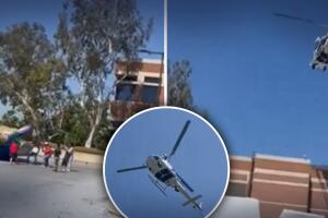 Helicóptero de policía levanta al aire casa inflable con niños adentro 