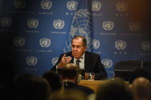 Russian Foreign Minister Sergey Lavrov Holds Press Briefing At The United Nations