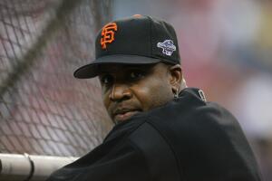 Barry Bonds looks on during warm ups