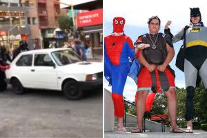 Superhéroes ayudan a empujar automóvil descompuesto: “Excelente servicio Spider-man”