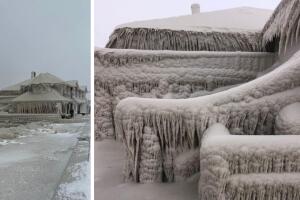Restaurante queda cubierto de hielo por tormenta invernal en NY