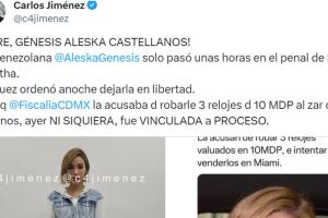 El periodista Carlos Jiménez también informó que Aleska Génesis fue puesta en libertad tras ser detenida en México y llevada a prisión.