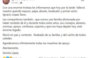 Comunicado muerte Ignacio López Tarso