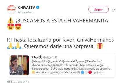 Esta acción, sorprendió al equipo, que se mostró orgulloso de Danna en su cuenta de Twitter, al grado de publicar un tuit donde se puede leer: "Buscamos a esta chivahermanita. RT hasta localizarla, por favor, chivahermanos. Queremos darle una sorpresa".