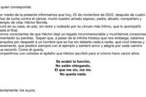 Comunicado muerte Héctor Bonilla