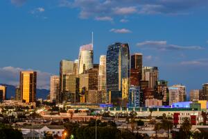 Downtown Los Angeles skyline at sunset