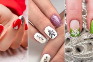 Nail art navideño con brillos para uñas cortas