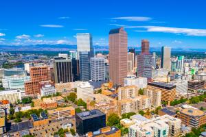 Denver Colorado USA skyline cityscape panoramic aerial drone view above Mile High City