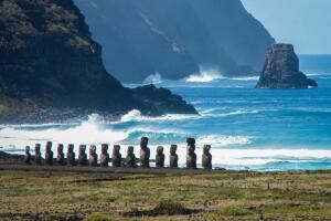 Row Of Moai By Sea Landscape Close