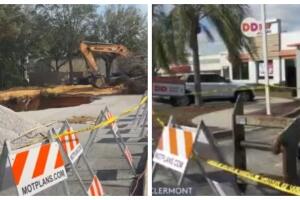 Un hundimiento de 60 pies de diámetro se abrió en un centro comercial de Clermont, causando preocupación entre los comerciantes locales.