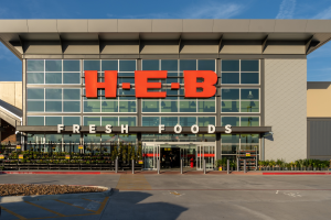 Pearland, Texas, USA - March 1, 2022: Closeup of H-E-B supermark