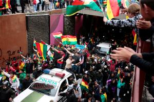 Luis Fernando Camacho, a Santa Cruz civic leader and major opposition figure, waves to the crowd while riding on a car, in La Paz