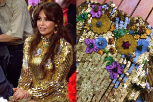 Thalía vistió un traje de la diseñadora dominicana Giannina Azar para el cumpleaños número 100 de su abuela Eva Mange.