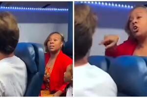 Mujer discute con pasajeros en avión por su hijo.