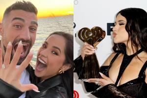 A la izquierda, Becky G aparece con Sebastián Lletget presumiendo el anillo de compromiso. A la derecha, la cantante en los iHeartRadio Music Awards 2023 sin la sortija.