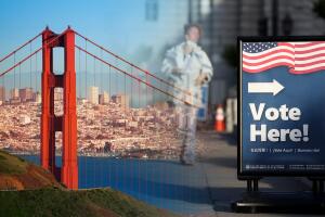 Lake Elsinore, CA, USA - May 30,2022: Close up of man reviewing 2022 California Primary Election Ballot.