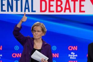 Democratic presidential candidate Senator Elizabeth Warren gives a thumbs up to someone in the audience during a break in the fourth U.S. Democratic presidential candidates 2020 election debate in Westerville, Ohio