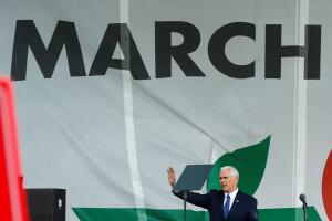 U.S. Vice President Mike Pence waves at the annual March for Life rally in Washington