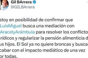 El periodista Gil Barrera aseguró en X que Luis Miguel busca una "mediación" para finiquitar la denuncia que Aracely Arámbula la interpuso en México.