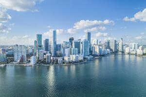 Brickell Key, Cityscape by air in Miami.
