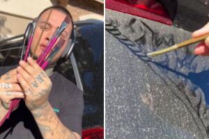Roberto Ferrel, ‘Rob the Original’, hizo retrato de Vicente Fernández en la luneta de auto sin lavar.