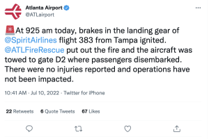 Fuego avión spirit sierlines tampa atlanta frenos