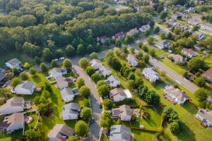 Scenic seasonal landscape from above aerial view of a small town in countryside Cleveland Ohio US
