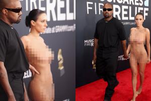 Kanye West y su pareja, Bianca Censori, aparecieron así en los Premios GRAMMY 2025.  