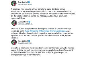 Estos son los mensajes que publicó Ana Gabriel en los que acusó haber sido supuestamente objeto de "faltas de respeto" por parte del público en un concierto de este fin de semana.  