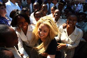 Colombian singer Shakira is greeted by s