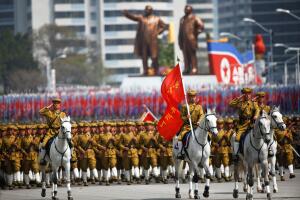 North Korean soldiers march during a military parade marking the 105th birth anniversary of country's founding father in Pyongyang