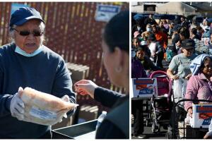 Miles de personas distintos orígenes fila Oakland alimentos gratis Acción de Gracias