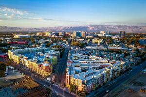 Aerial view of sunset over downtown San Jose in California