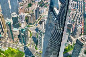 View of Shanghai World Financial Center from the top of Shanghai Tower