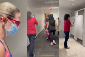 Persiguen al baño a la senadora de Arizona Kyrsten Sinema para confrontarla. 