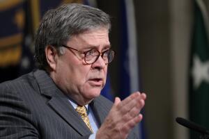 U.S. Attorney General William Barr speaks at an event at the Justice Department in Washington