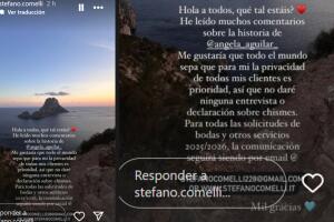 Stefano Comelli, el maquillista que preparó a Ángela Aguilar el día de su supuesta boda con Christian Nodal en Roma a inicios de junio, dijo que "la privacidad de todos sus clientes es prioridad" y advirtió que "no dará ninguna entrevista o declaración sobre los chismes" que rodean a la pareja. 
