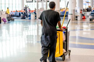 cleaning man pushing cart in an airport
