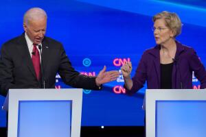 FILE PHOTO: Democratic presidential candidate Senator Elizabeth Warren speaks as former Vice President Joe Biden debate during the fourth U.S. Democratic presidential candidates 2020 election debate in Westerville, Ohio