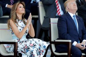 US President Donald Trump and First Lady Melania Trump attend attend the traditional Bastille Day military parade on the Champs-Elysees in Paris