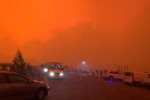 The sky glows red as bushfires continue to rage in Mallacoota, Victoria, Australia