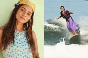 Paola Ornelas surfea con huipil